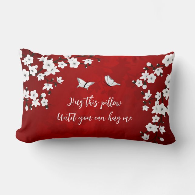 Floral Red White Cherry Blossom "Hug Me" Saying Lumbar Cushion (Front)