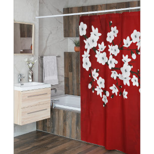 Floral Red White Cherry Blossom Oriental Shower Curtain