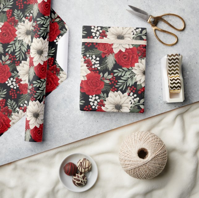 Floral Red White Christmas Pattern GIft Wrapping Paper (Crafts)
