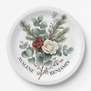 Floral Red White Christmas Roses Wedding Paper Plate