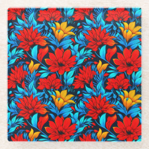 Floral Red yellow Flowers Pattern-13075 Glass Coaster