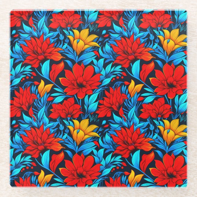 Floral Red yellow Flowers Pattern-13075 Glass Coaster (Front)