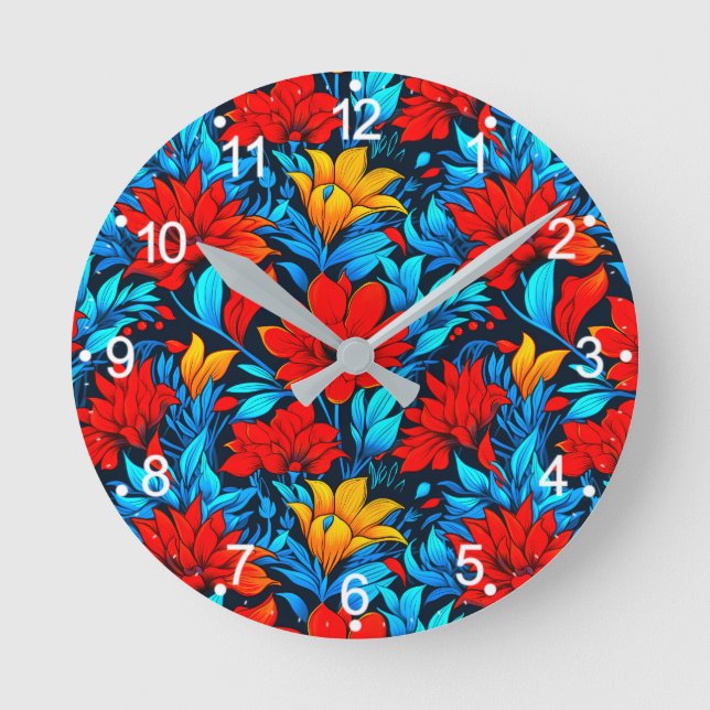 Floral Red yellow Flowers Pattern-13075 Round Clock (Front)