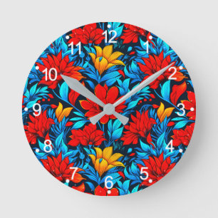 Floral Red Yellow Flowers Pattern Round Clock