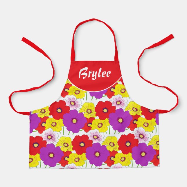  Floral Red Yellow Girls All-Over Print Apron (Front)
