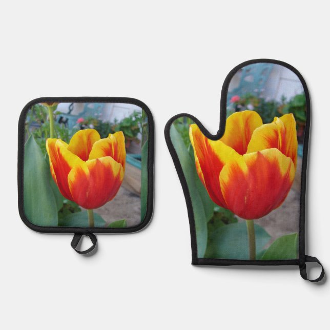 Floral Red Yellow Tulip Flower Floral Photo Oven Mitt & Pot Holder Set (Front)