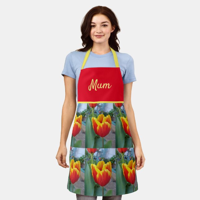 Floral Red Yellow Tulip Flower Mothers Mom Apron (Worn)