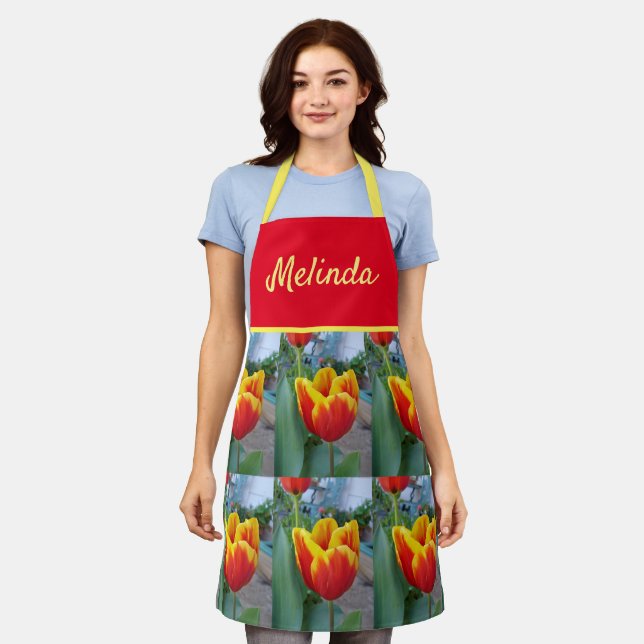 Floral Red Yellow Tulip Flower Womans Apron (Worn)