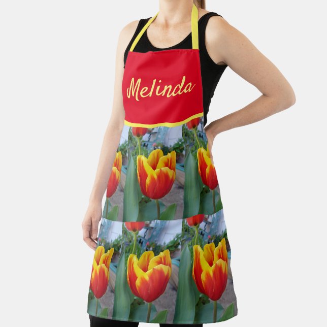 Floral Red Yellow Tulip Flower Womans Apron (Insitu)