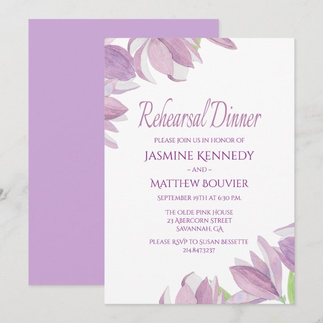 Floral Rehearsal Dinner Purple Watercolor Flowers Invitation (Front/Back)