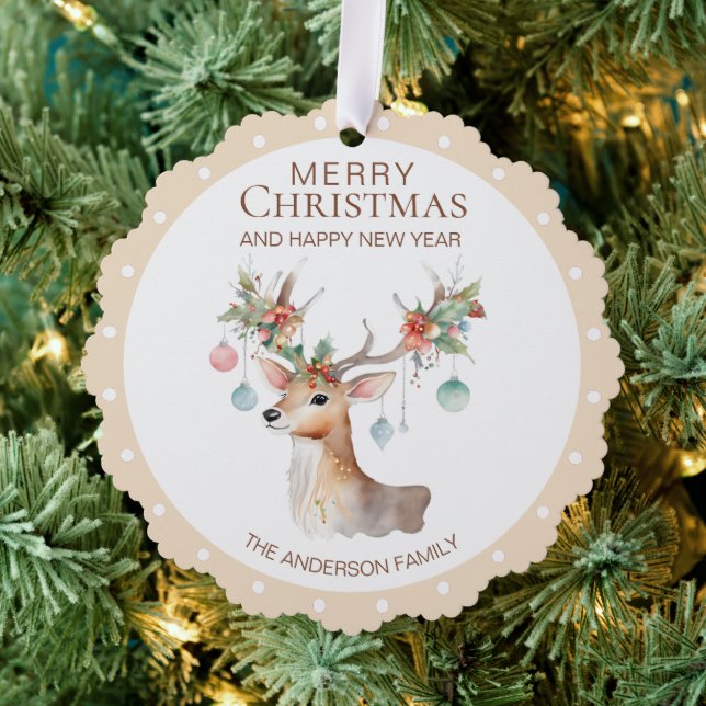 Floral Reindeer Beige Christmas Ornament Card (Insitu (Tree))