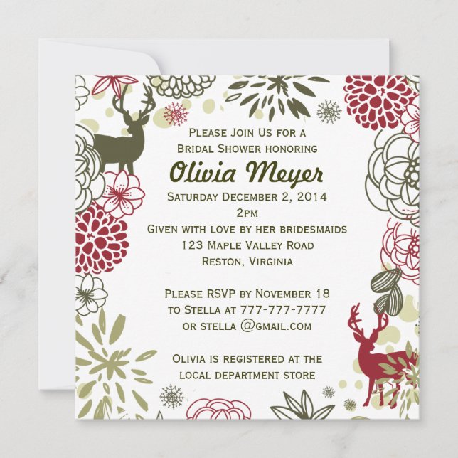 Floral Reindeer Christmas Bridal Shower Invitation (Front)