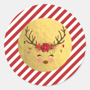 Floral Reindeer Christmas Red Stripes Gold Foil Classic Round Sticker