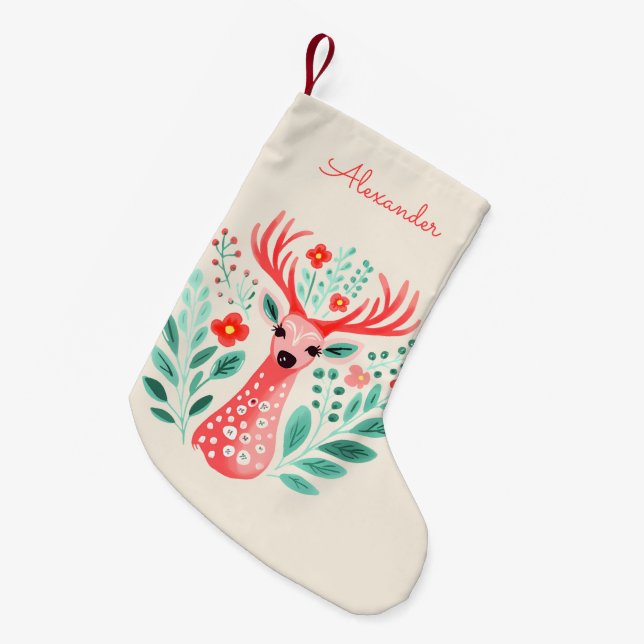 Floral Reindeer Custom Name Small Christmas Stocking (Front (Hanging))