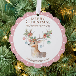 Floral Reindeer Pink Christmas Ornament Card