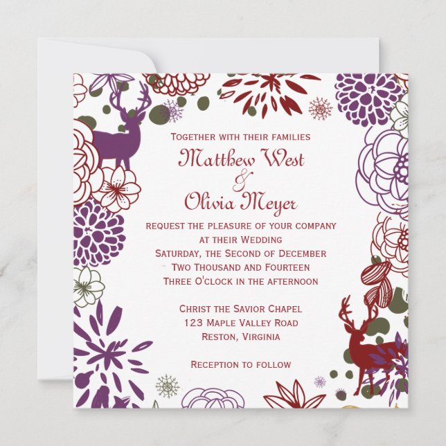 Floral Reindeer Winter Wedding Invitation (Front)