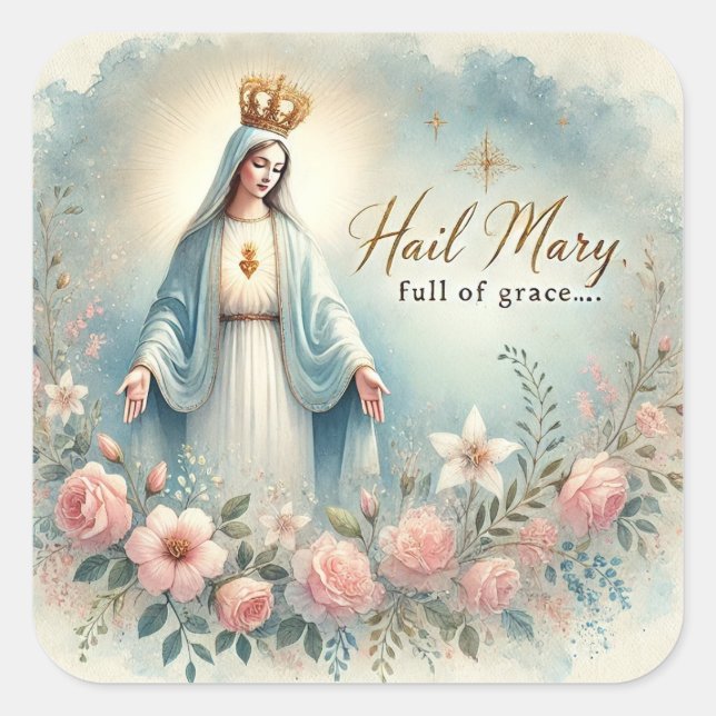 Floral Religious Mother Mary Pink Roses Square Sticker (Front)