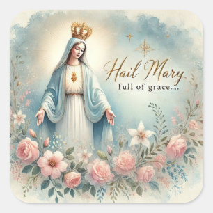 Floral Religious Mother Mary Pink Roses Square Sticker