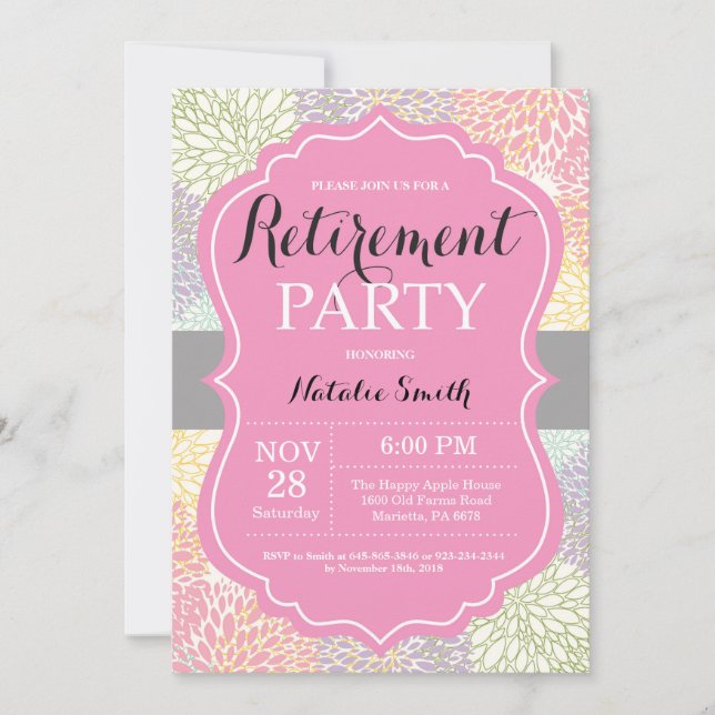 Floral Retirement Party Invitation Card Pink (Front)
