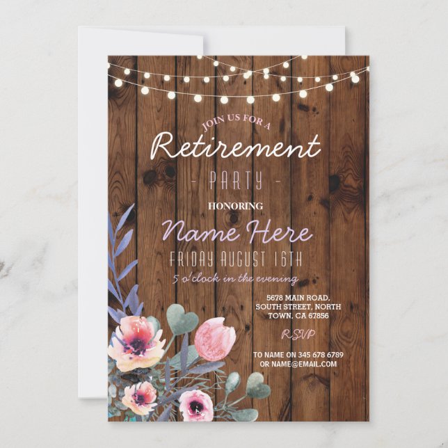 Floral Retirement Party Lights Wood Pink Invite (Front)