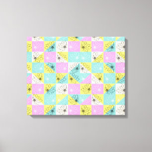 Floral retro 70s pastel chequerboard pink teal canvas print