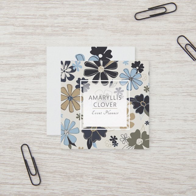 Floral Retro Blue Pattern Square Business Card (Floral Retro Blue Pattern Square Business Card from Studio Posies.)