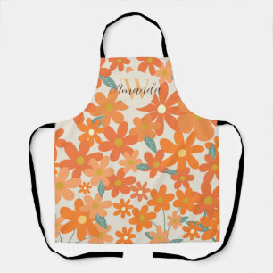 Floral Retro Groovy Orange Monogram Name Apron