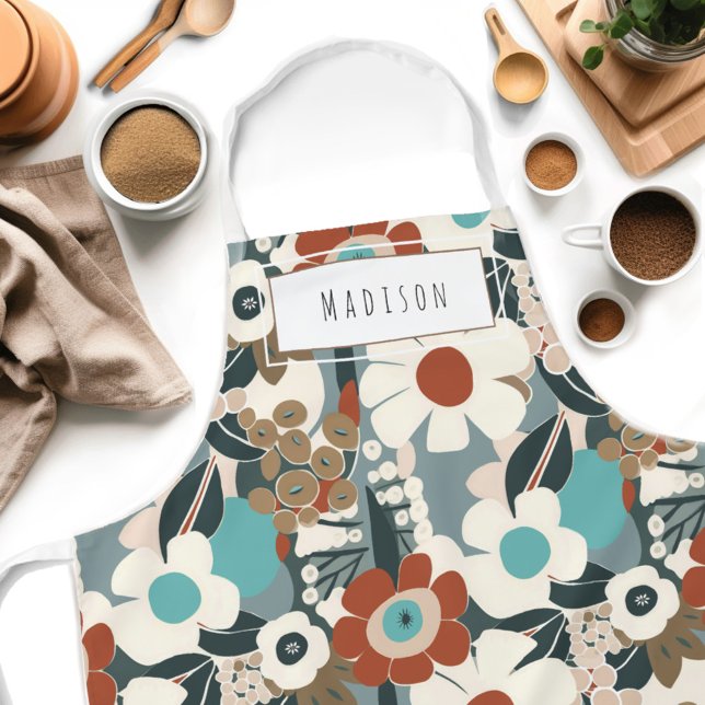 Floral Retro Mid-Century Modern Name Apron (Get creative in the kitchen with our personalized Floral Boho Mid Century Modern apron! )