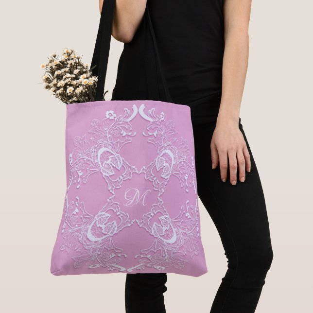 Floral retro pink lace design. tote bag (Close Up)