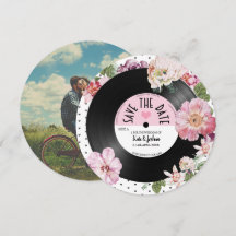 Floral retro vinyl Record Photo Save the Date  Inv