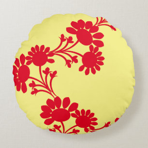 Floral Reversible Yellow Red Round Cushion