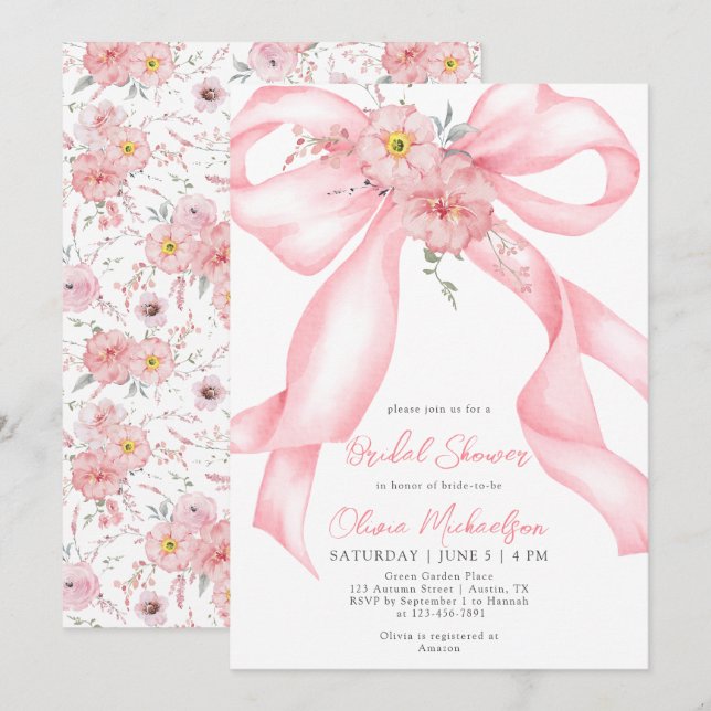 Floral Ribbon Pink Bow Boho Coquette Bridal Shower Invitation (Front/Back)