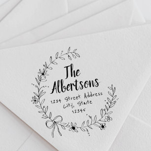 Floral Ribbon Wreath Family Name Return Address Self-inking Stamp