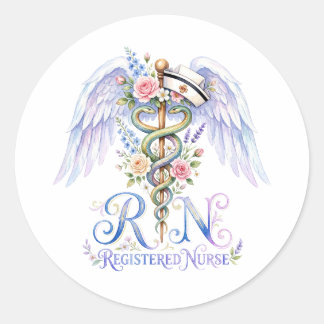 Floral RN Registered Nurse Angel Wings Watercolor  Classic Round Sticker