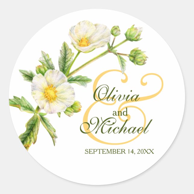 Floral rockrose white gold green wedding sticker (Front)