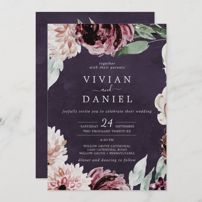 Floral Romance All In One | Plum Wedding Invitation (Front/Back)