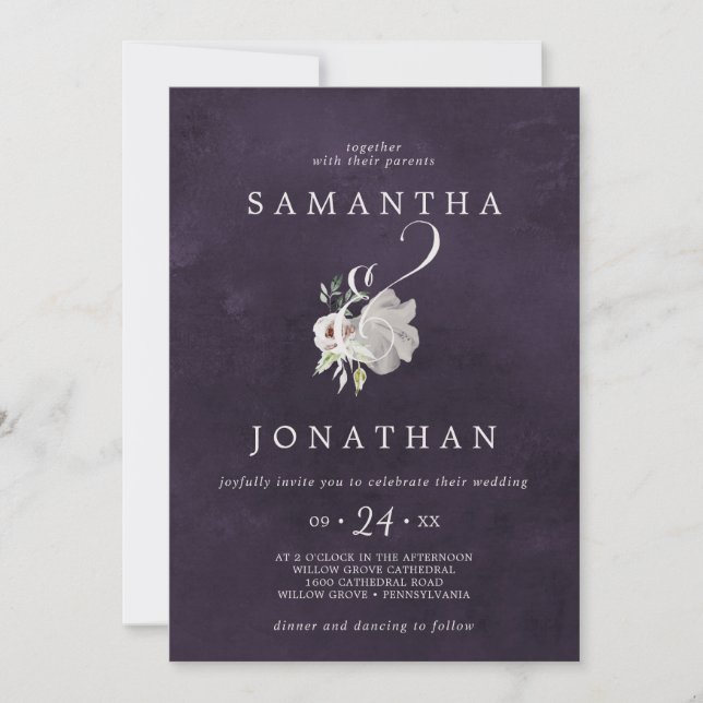 Floral Romance Ampersand | Plum Wedding Invitation (Front)