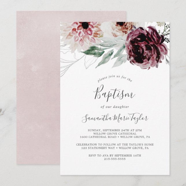 Floral Romance Baptism Invitation (Front/Back)