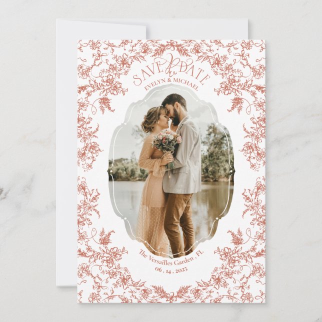 Floral Romance Chinoiserie Classic Bohemian Coral Save The Date (Front)