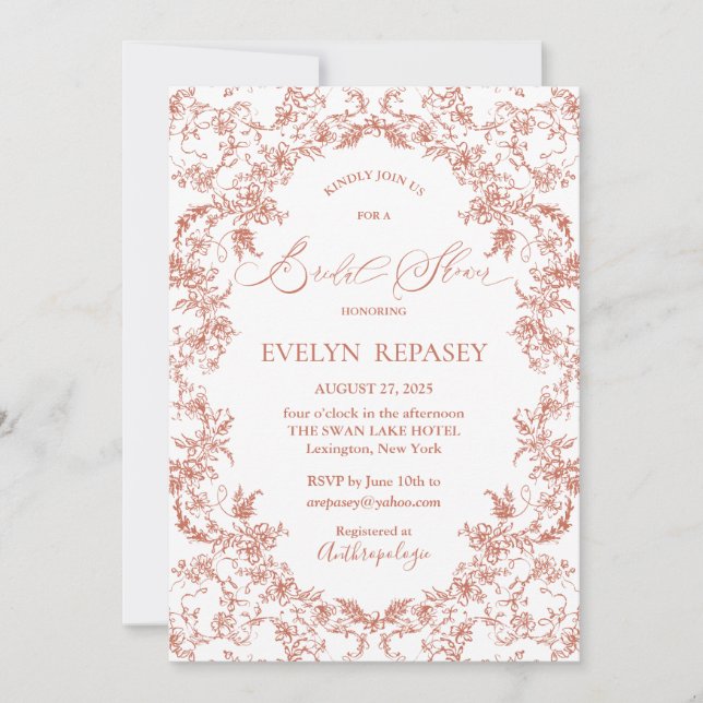 Floral Romance Chinoiserie Coral Bridal Shower Invitation (Front)