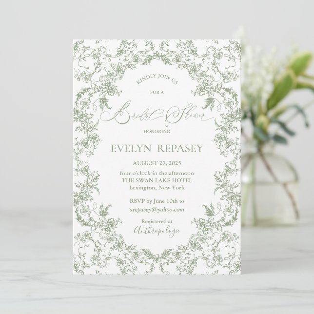 Floral Romance Chinoiserie  Sage Bridal Shower  Invitation (Standing Front)