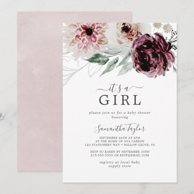 Floral Romance It's A Girl Baby Shower Invitation (Front/Back)