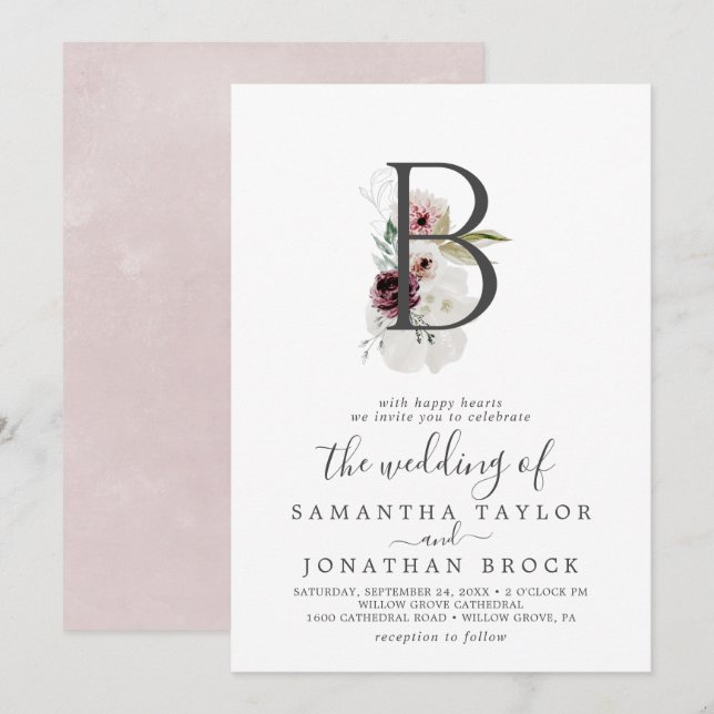 Floral Romance Letter B Monogram Wedding Invitation (Front/Back)