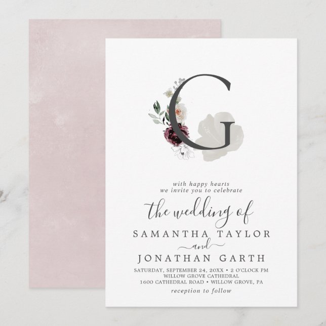 Floral Romance Letter G Monogram Wedding Invitation (Front/Back)