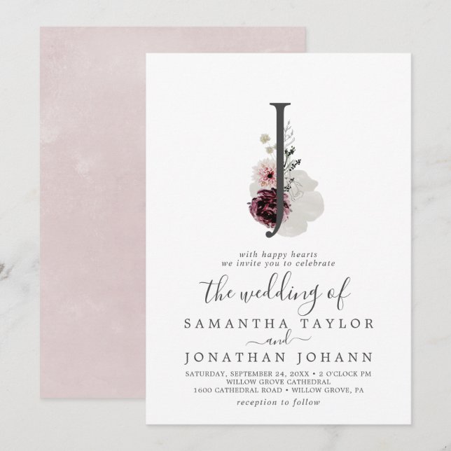 Floral Romance Letter J Monogram Wedding Invitation (Front/Back)