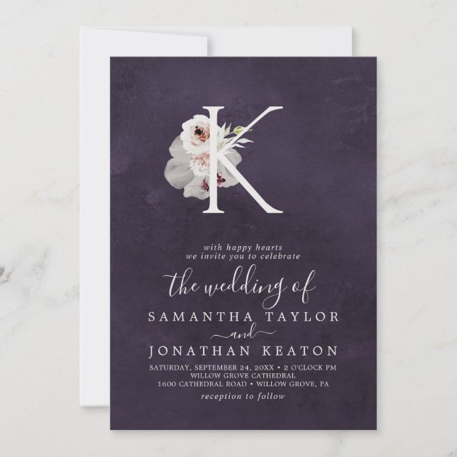 Floral Romance Letter K Monogram | Plum Wedding Invitation (Front)