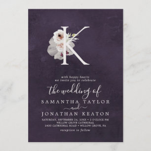 Floral Romance Letter K Monogram   Plum Wedding Invitation