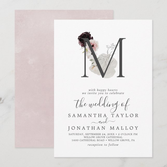 Floral Romance Letter M Monogram Wedding Invitation (Front/Back)