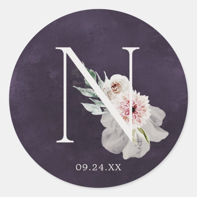 Floral Romance Letter N Monogram Plum Wedding Seal (Front)