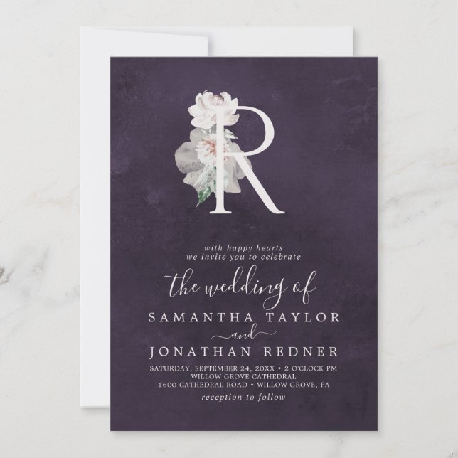 Floral Romance Letter R Monogram | Plum Wedding Invitation (Front)